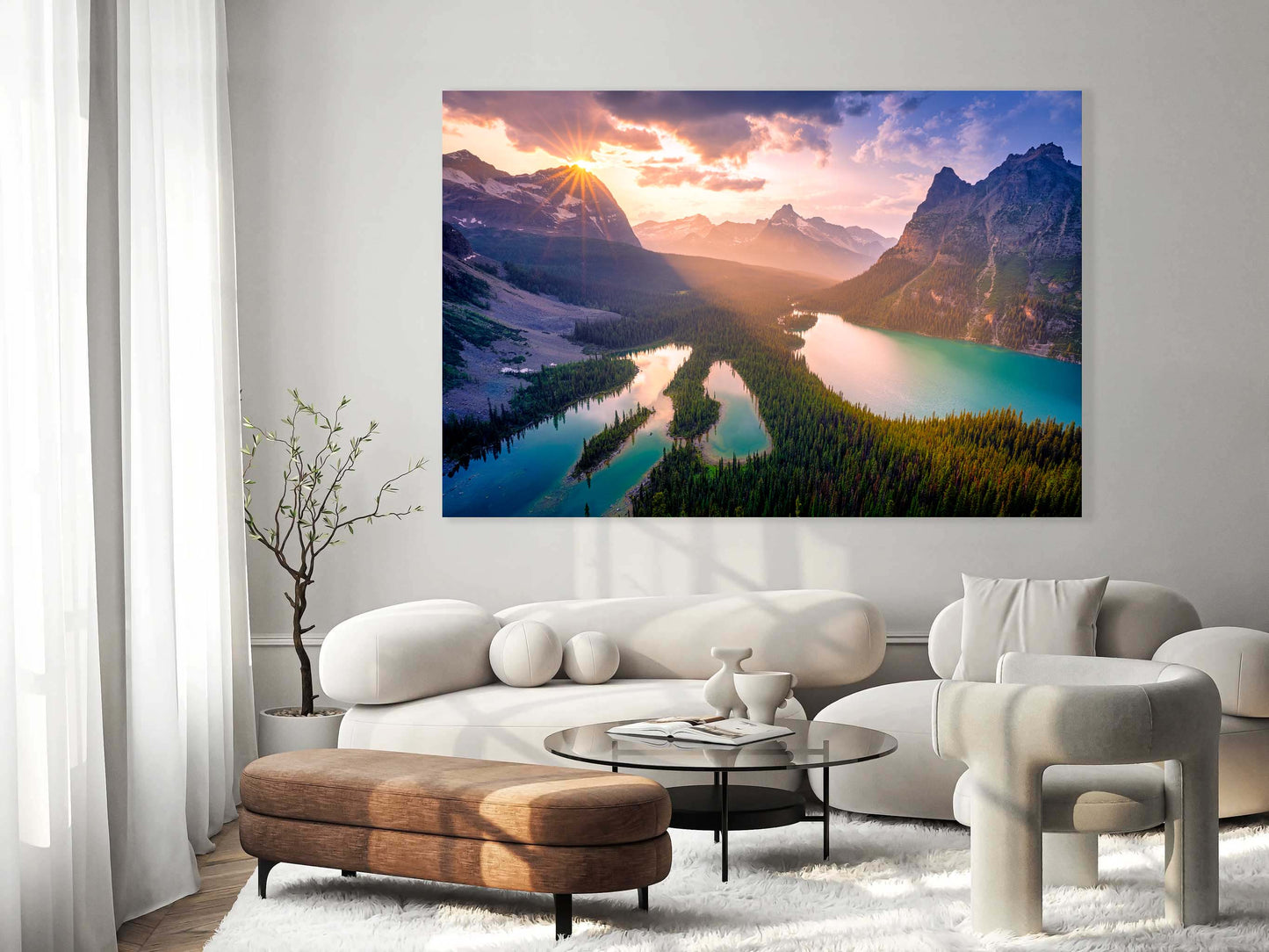 Modern living room with a large mountain landscape painting on the wall. Lake O'Hara, Yoho National Park, Canadian Rockies, Rocky Mountains, Fine Art Photography, Dermot O'Kane