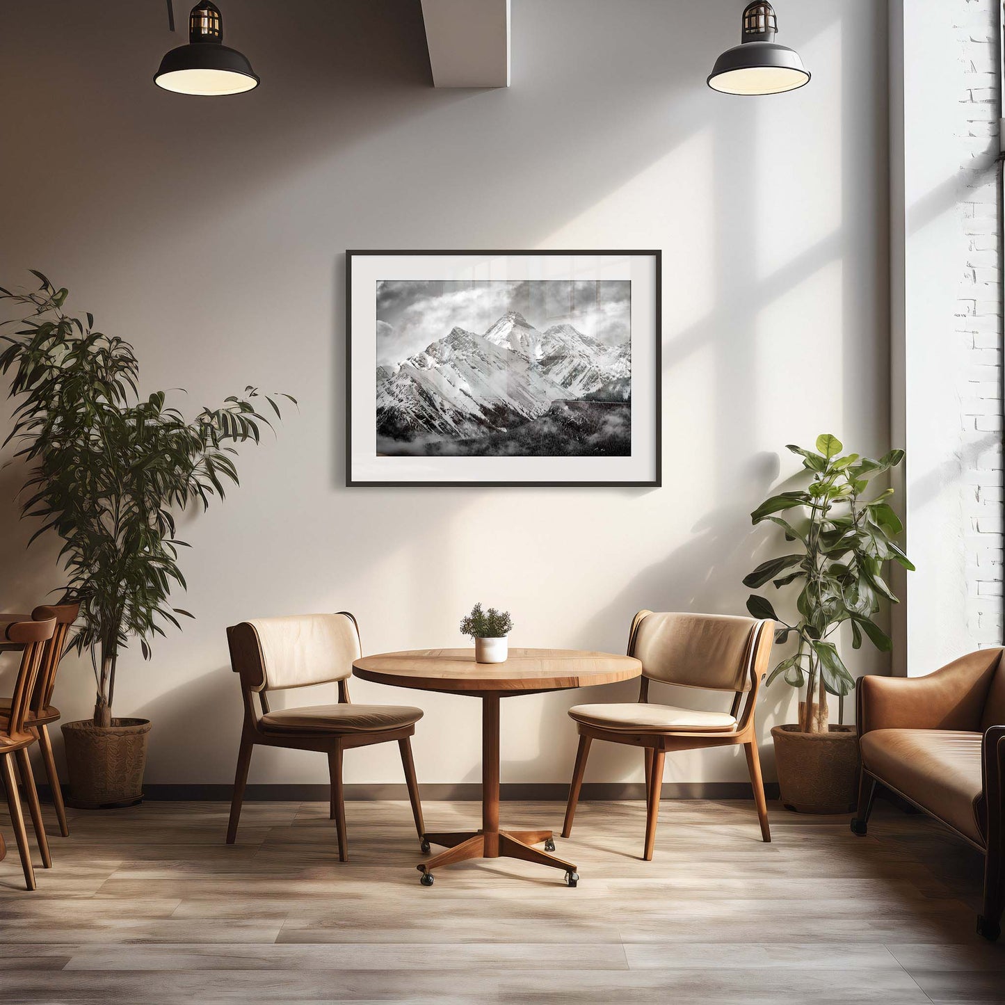 Modern interior with a round wooden table and chairs, framed mountain picture on the wall, and plants. Misty Mountains, Mount Murray, Kananaskis Country, Alberta, Canada, Rocky Mountains
