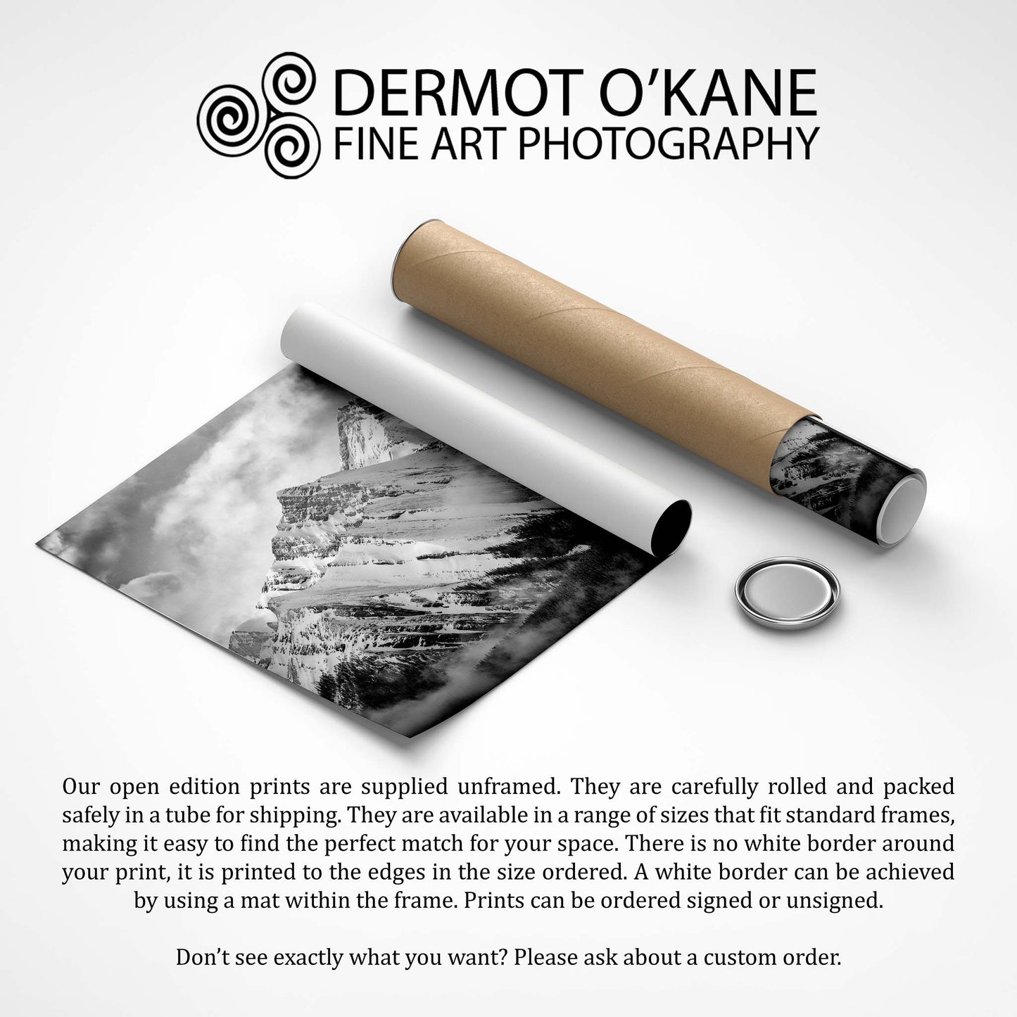 Rolled-up black and white art print with cardboard tube on a white background, featuring Dermot O'Kane Fine Art Photography.
