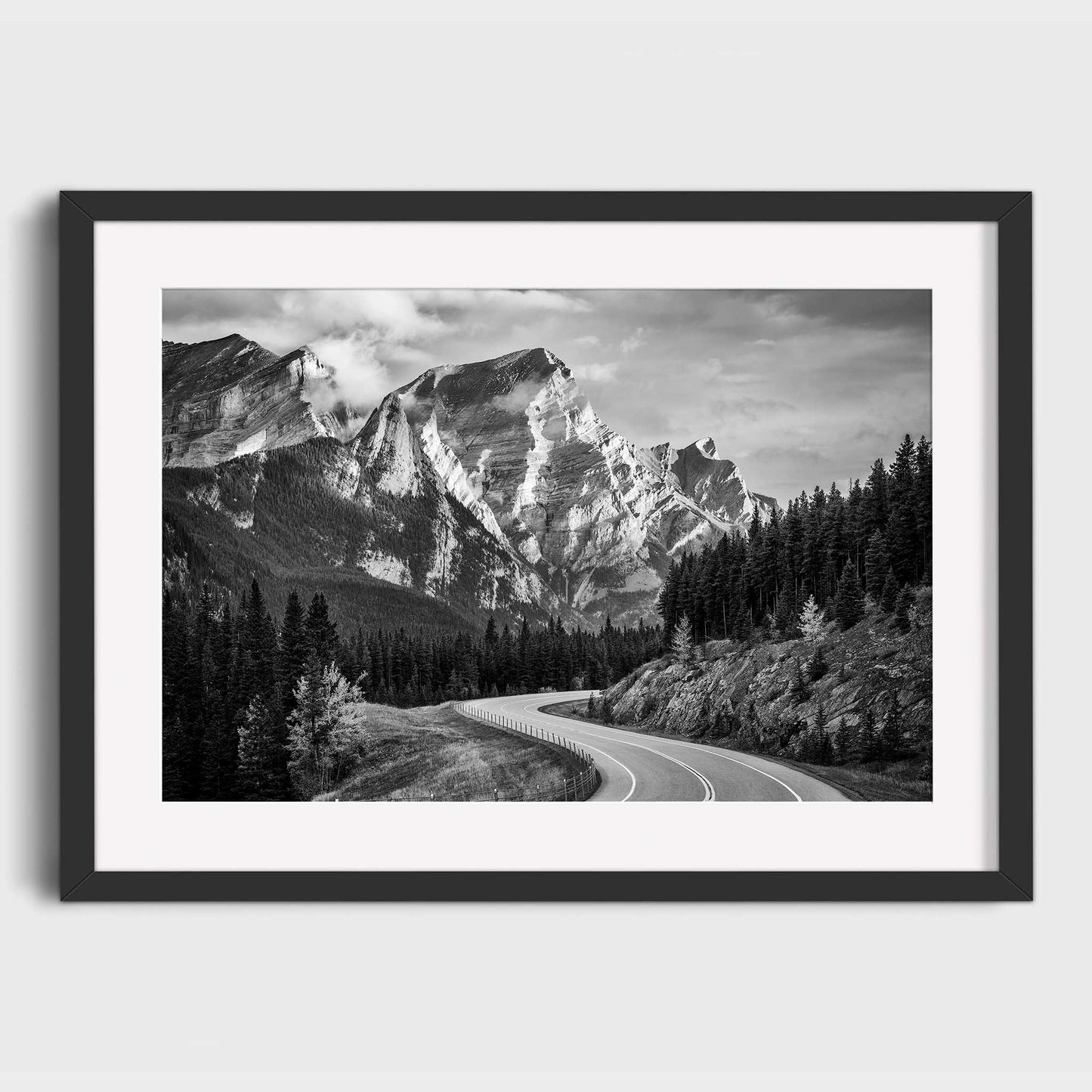 Framed black and white print of a mountain landscape with a winding road. Kananaskis Country, Fine Art Photography, Dermot O'Kane, Rocky Mountains, Alberta, Canada