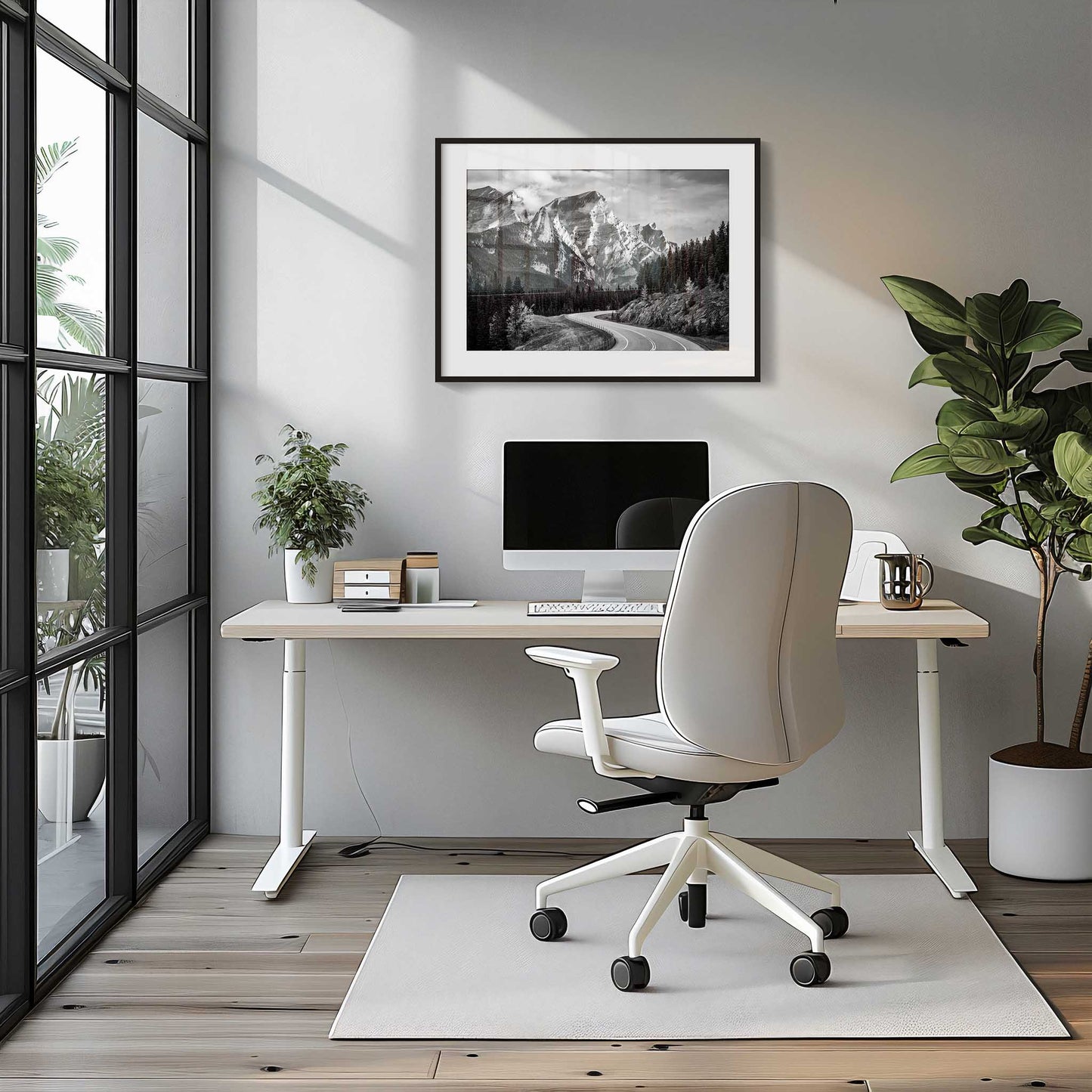 Modern office setup with a desk, chair, and framed mountain picture. Kananaskis Country, Fine Art Photography, Dermot O'Kane, Rocky Mountains, Alberta, Canada