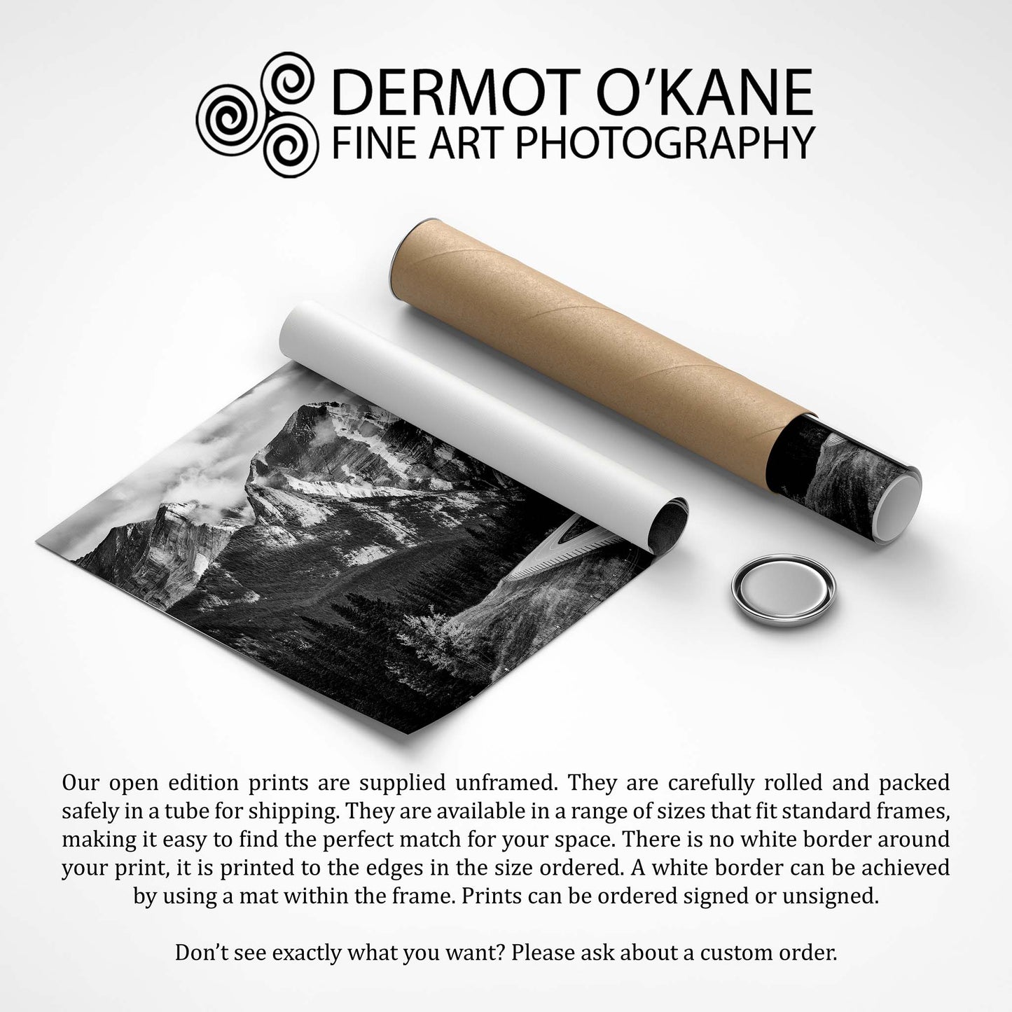 Rolled-up photo print with packaging and text about Dermot O'Kane Fine Art Photography. Kananaskis Country, Fine Art Photography, Dermot O'Kane, Rocky Mountains, Alberta, Canada
