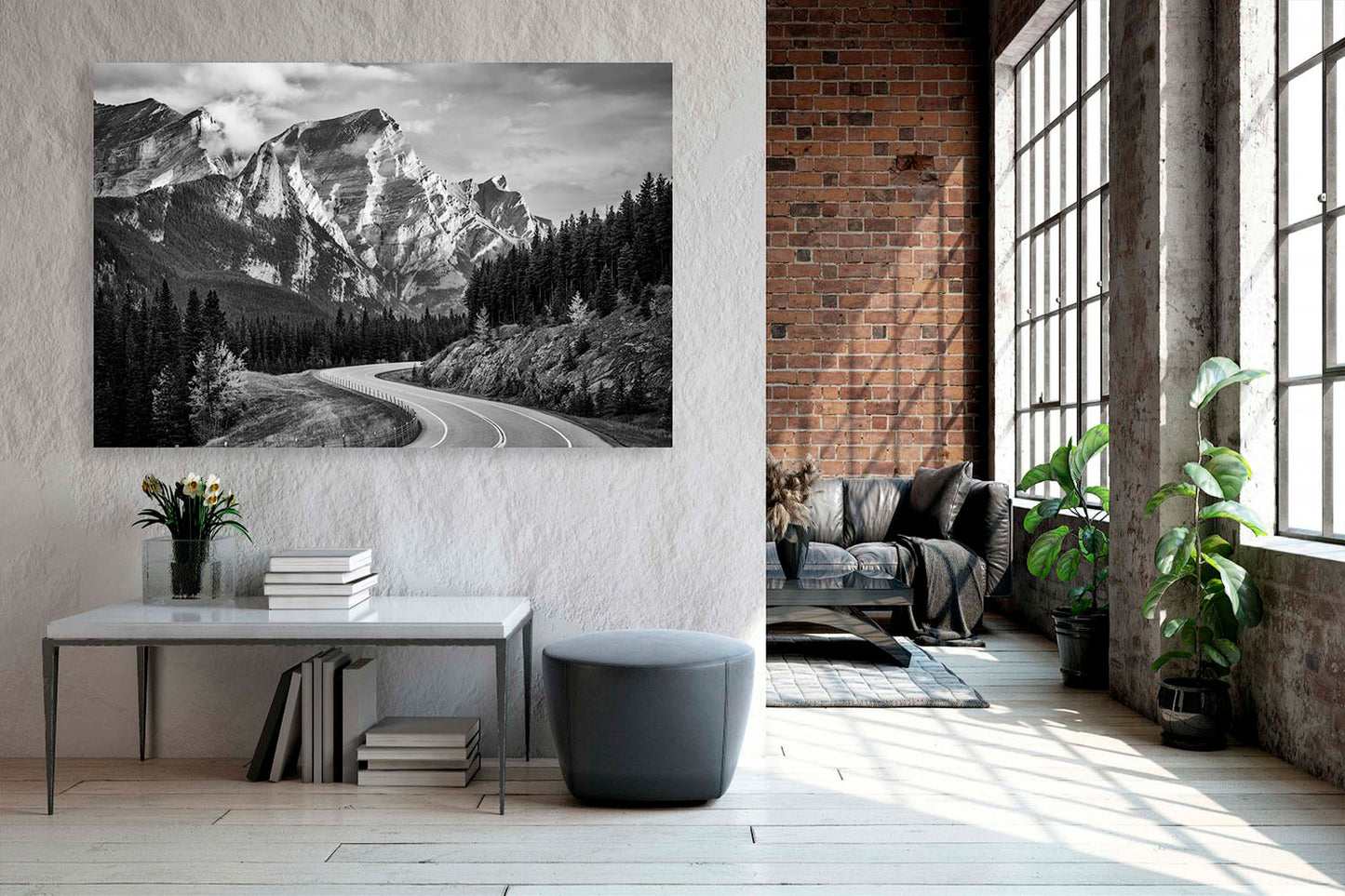 Modern interior with a large mountain landscape photograph on the wall. Kananaskis Country, Fine Art Photography, Dermot O'Kane, Rocky Mountains, Alberta, Canada