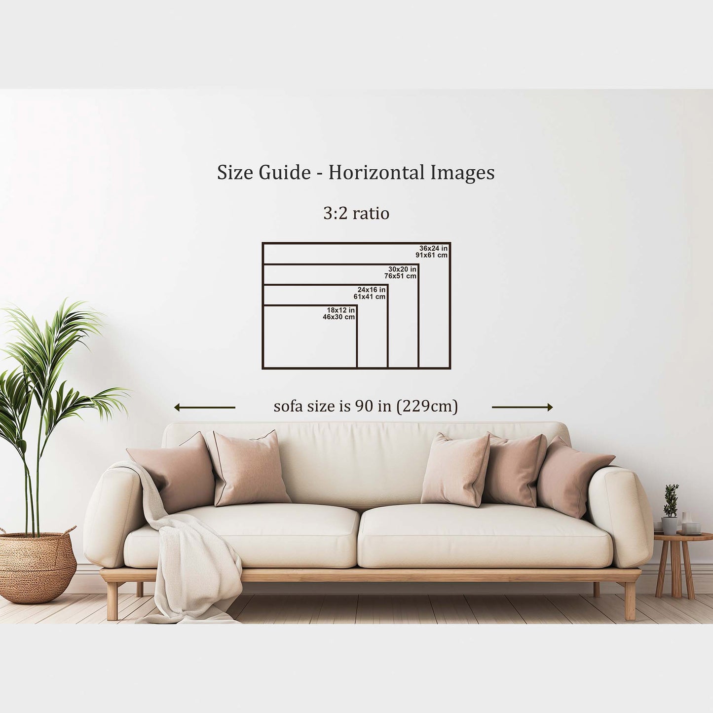 Beige sofa with decorative pillows in a living room setting, size guide overlay.