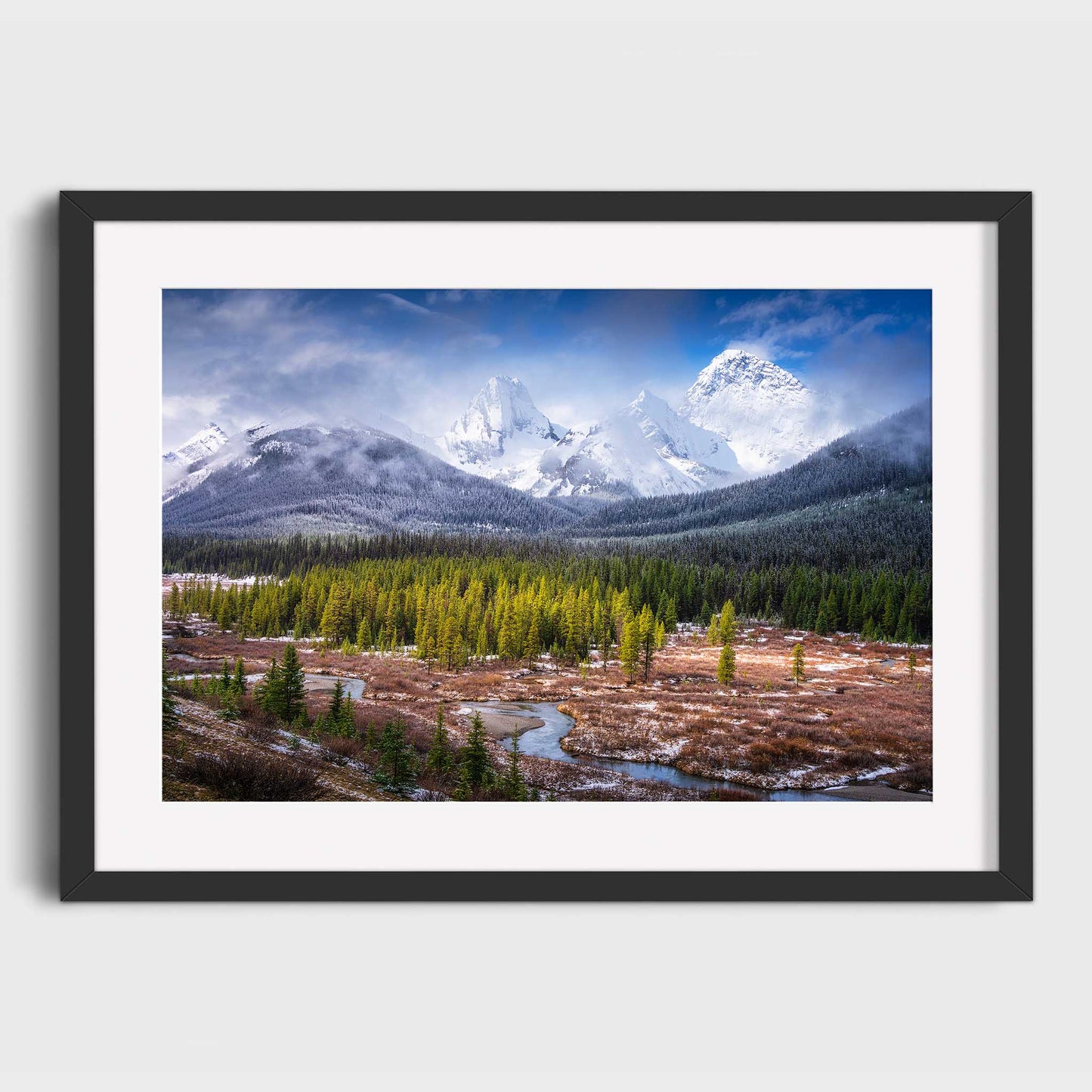 Framed photograph of a mountain landscape with trees and a stream. Spray Valley, Kananaskis Country, Alberta, Canada, Rocky Mountains