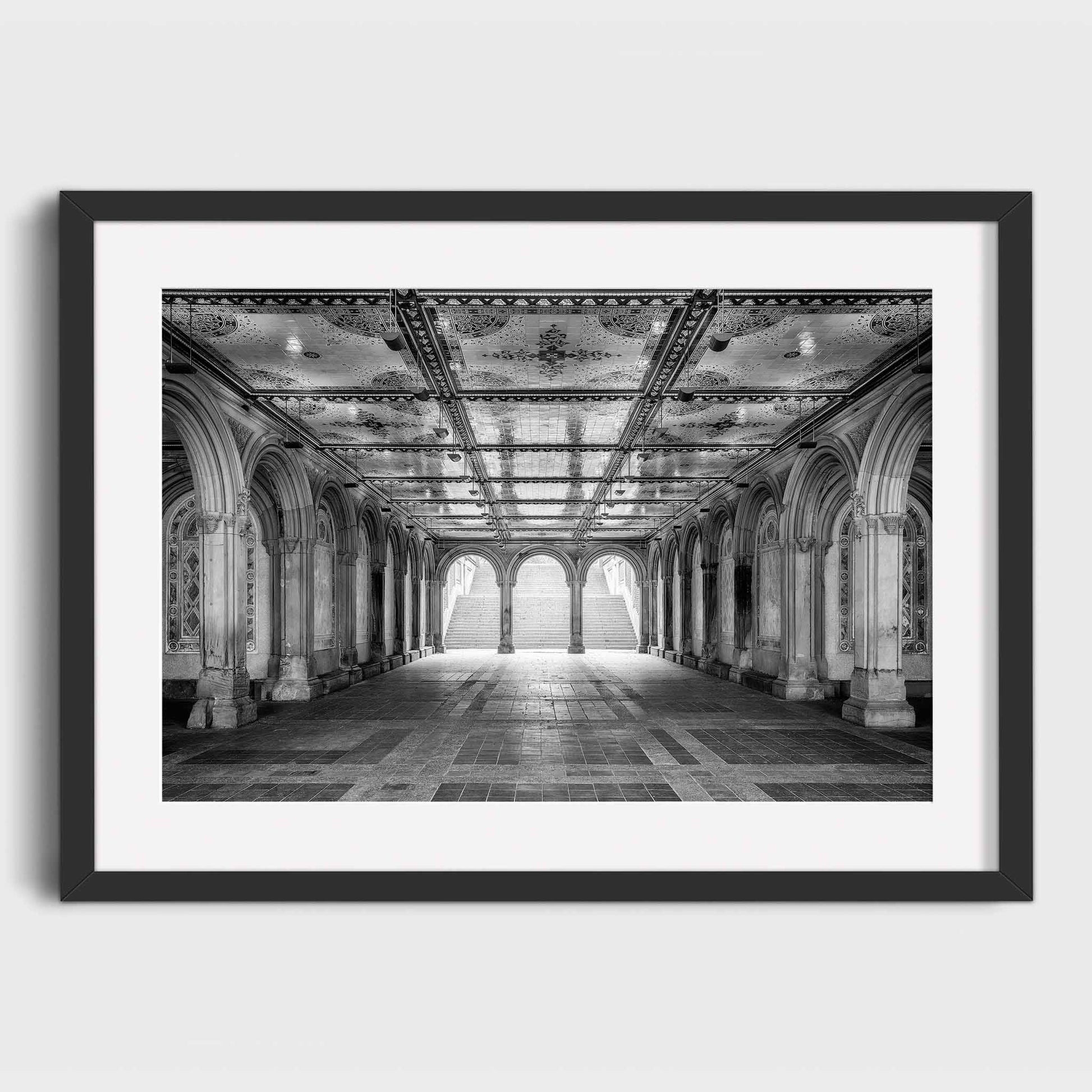 Framed black and white photograph of a grand hallway with arches and intricate ceiling details.  City Sanctuary, Bethesda Terrace, Central Park, Manhattan, New York City, Fine Art Photography, Dermot O'Kane