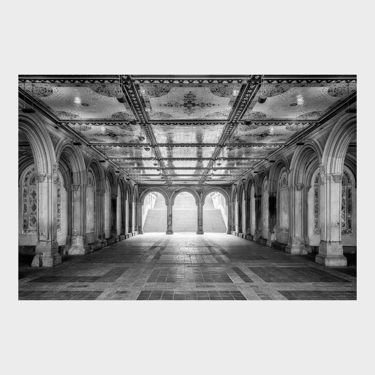 Grand hallway with arches and ornate ceiling in a black and white photo.  City Sanctuary, Bethesda Terrace, Central Park, Manhattan, New York City, Fine Art Photography, Dermot O'Kane