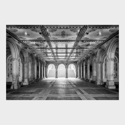 Grand hallway with arches and ornate ceiling in a black and white photo.  City Sanctuary, Bethesda Terrace, Central Park, Manhattan, New York City, Fine Art Photography, Dermot O'Kane