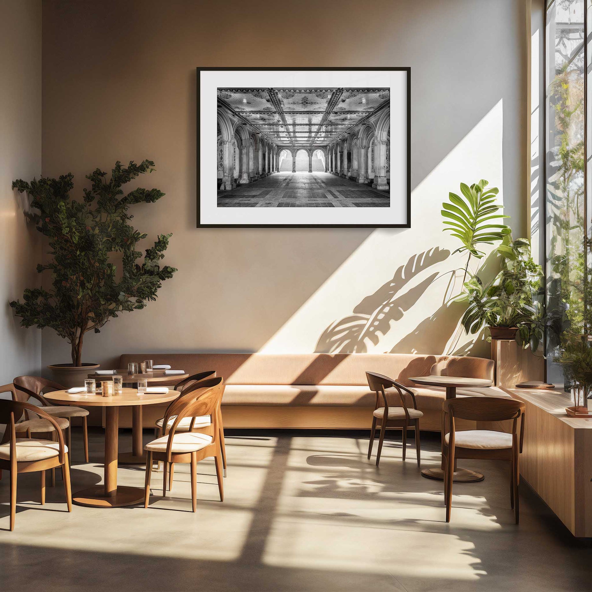 Modern interior with wooden furniture, plants, and a large framed picture on the wall.  City Sanctuary, Bethesda Terrace, Central Park, Manhattan, New York City, Fine Art Photography, Dermot O'Kane