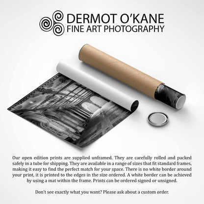 Rolled-up black and white print with a tube and text about Dermot O'Kane Fine Art Photography.  City Sanctuary, Bethesda Terrace, Central Park, Manhattan, New York City, Fine Art Photography, Dermot O'Kane