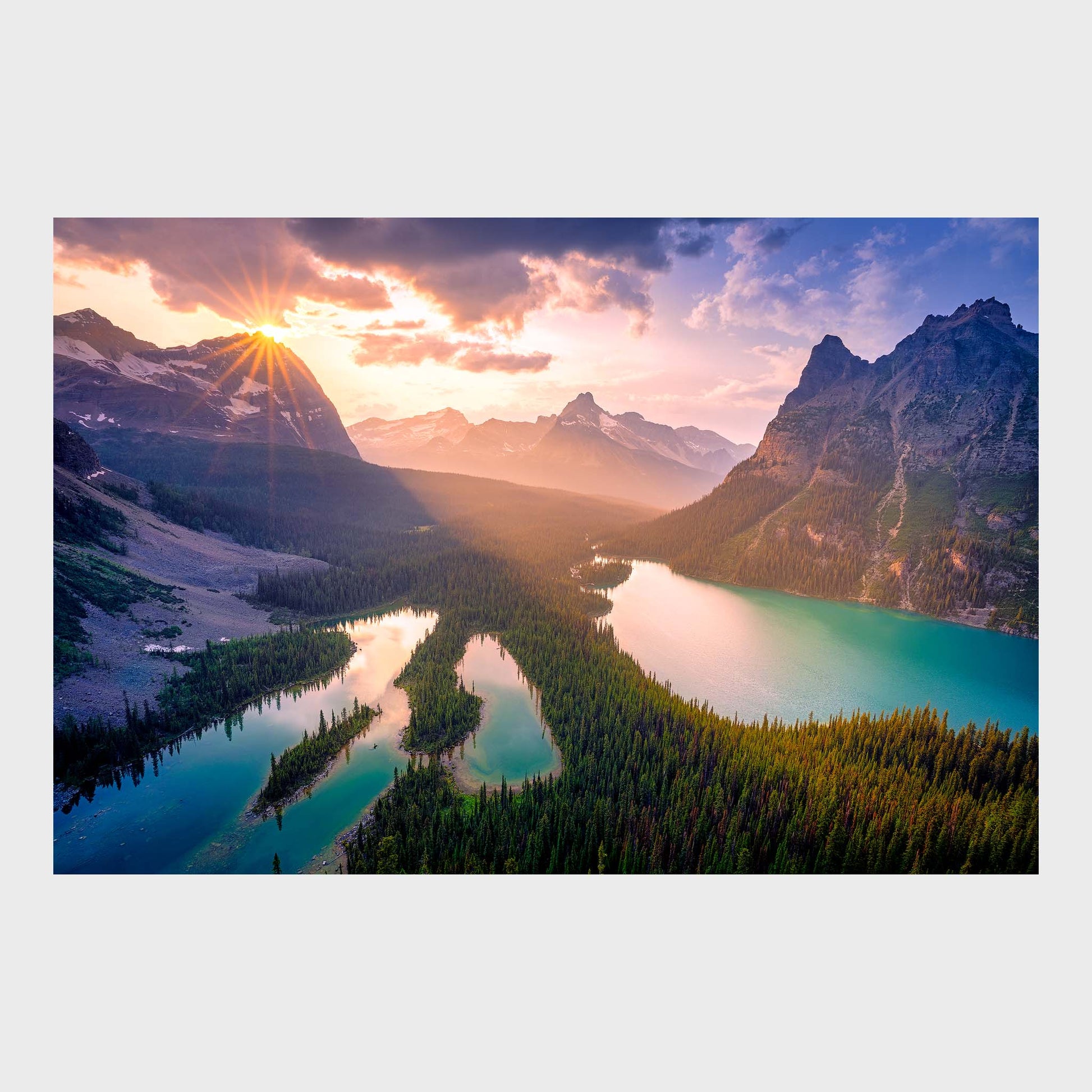 Modern living room with a large wall art of a mountain landscape. Lake O'Hara, Yoho National Park,  Canadian Rockies, Rocky Mountains, Fine Art Photography, Dermot O'Kane
