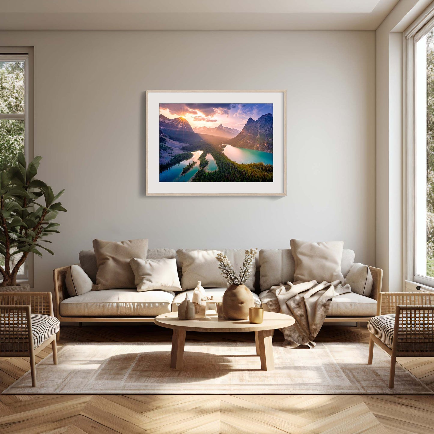 Modern living room with a framed landscape print on the wall, sofa, and decorative items. Lake O'Hara, Yoho National Park,  Canadian Rockies, Rocky Mountains, Fine Art Photography, Dermot O'Kane