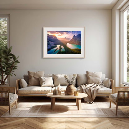 Modern living room with a framed landscape print on the wall, sofa, and decorative items. Lake O'Hara, Yoho National Park,  Canadian Rockies, Rocky Mountains, Fine Art Photography, Dermot O'Kane
