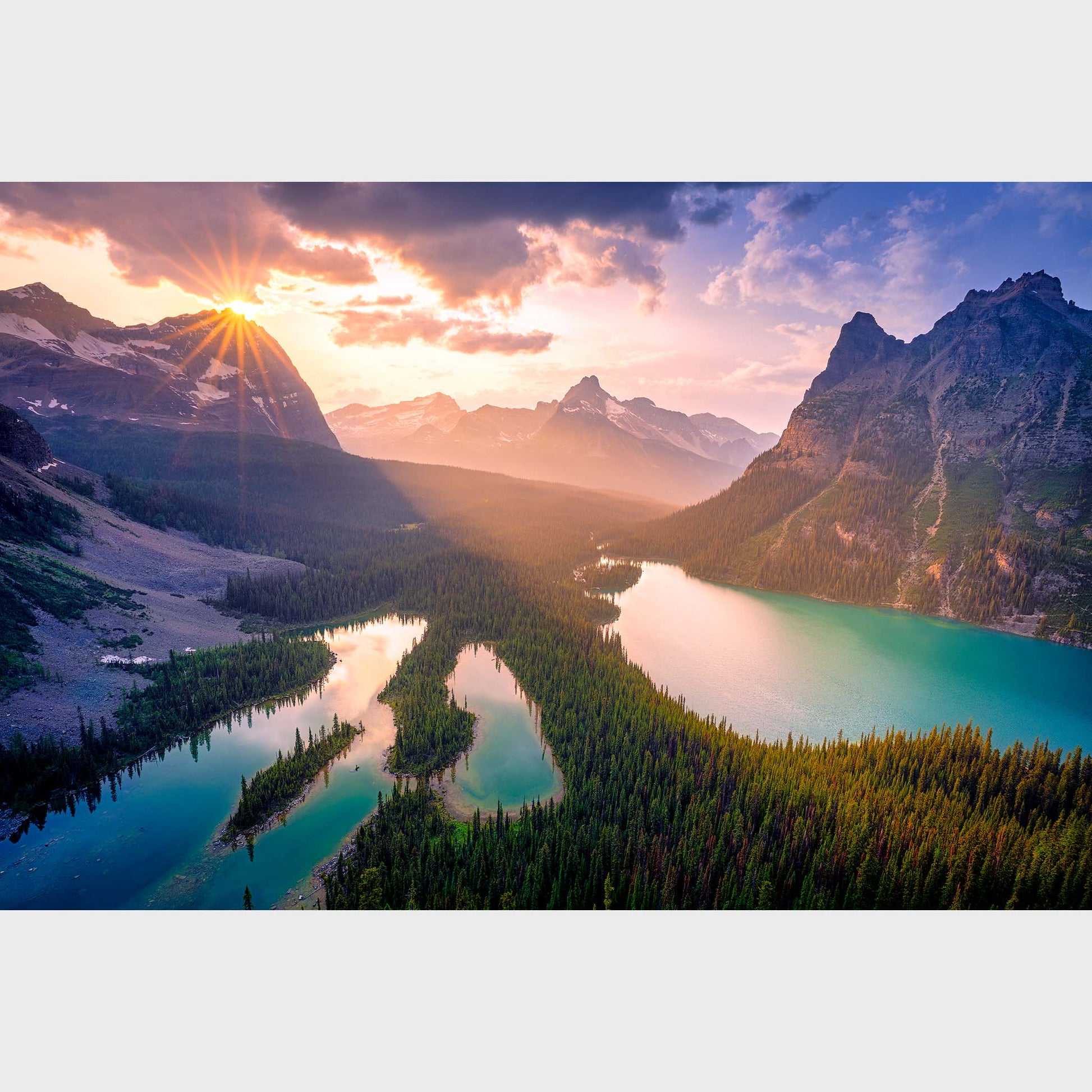 Sunset over a mountain range with a lake and island Lake O'Hara, Yoho National Park,  Canadian Rockies, Rocky Mountains, Fine Art Photography, Dermot O'Kane