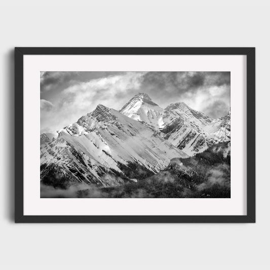 Framed black and white photograph of a mountain peak with clouds. Misty Mountains, Mount Murray, Kananaskis Country, Alberta, Canada, Rocky Mountains
