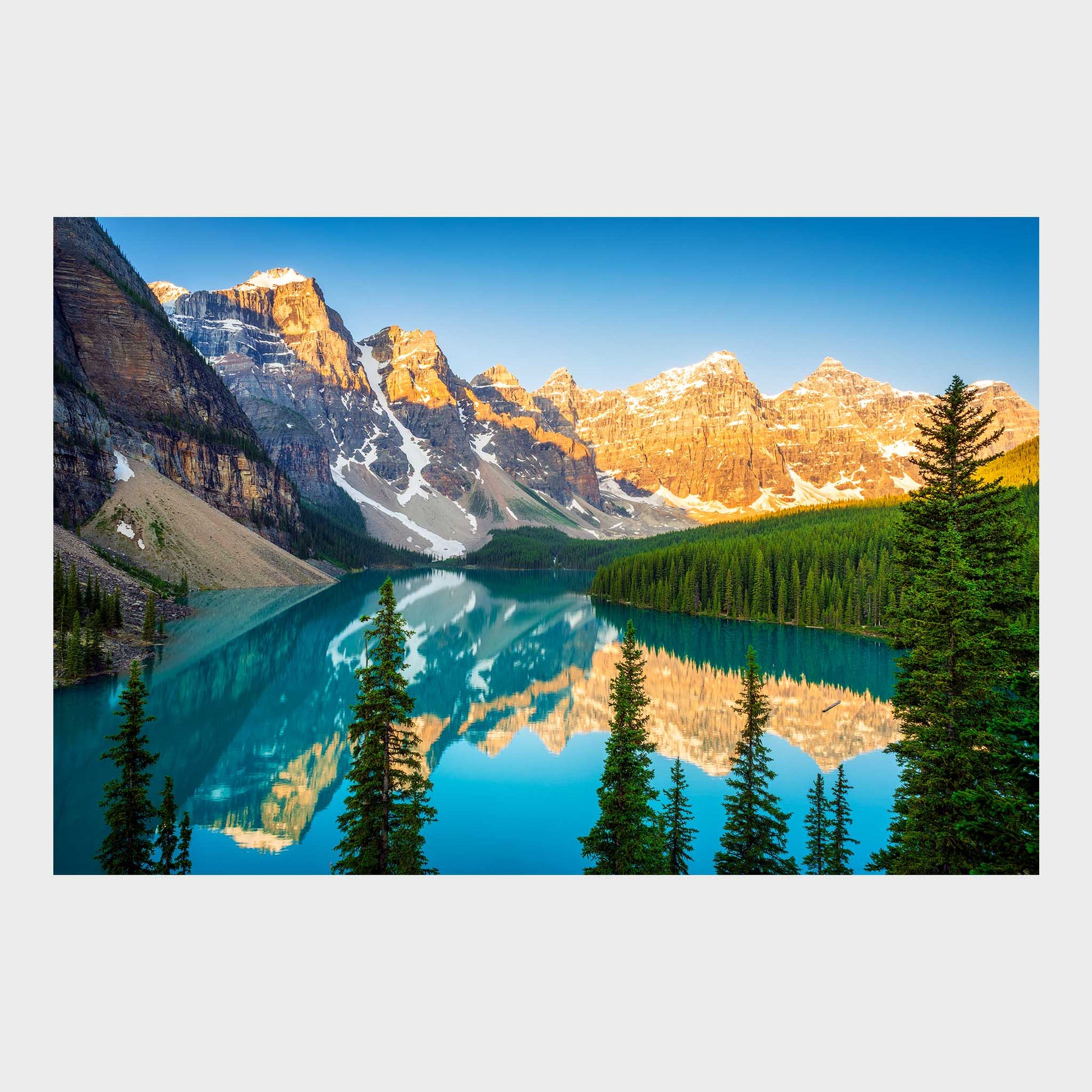 Mountain landscape with a clear blue lake and green trees. Moraine Lake, Banff National Park, Alberta, Canada, Beautiful fine art landscape photography wall art prints for sale. Dermot O'Kane