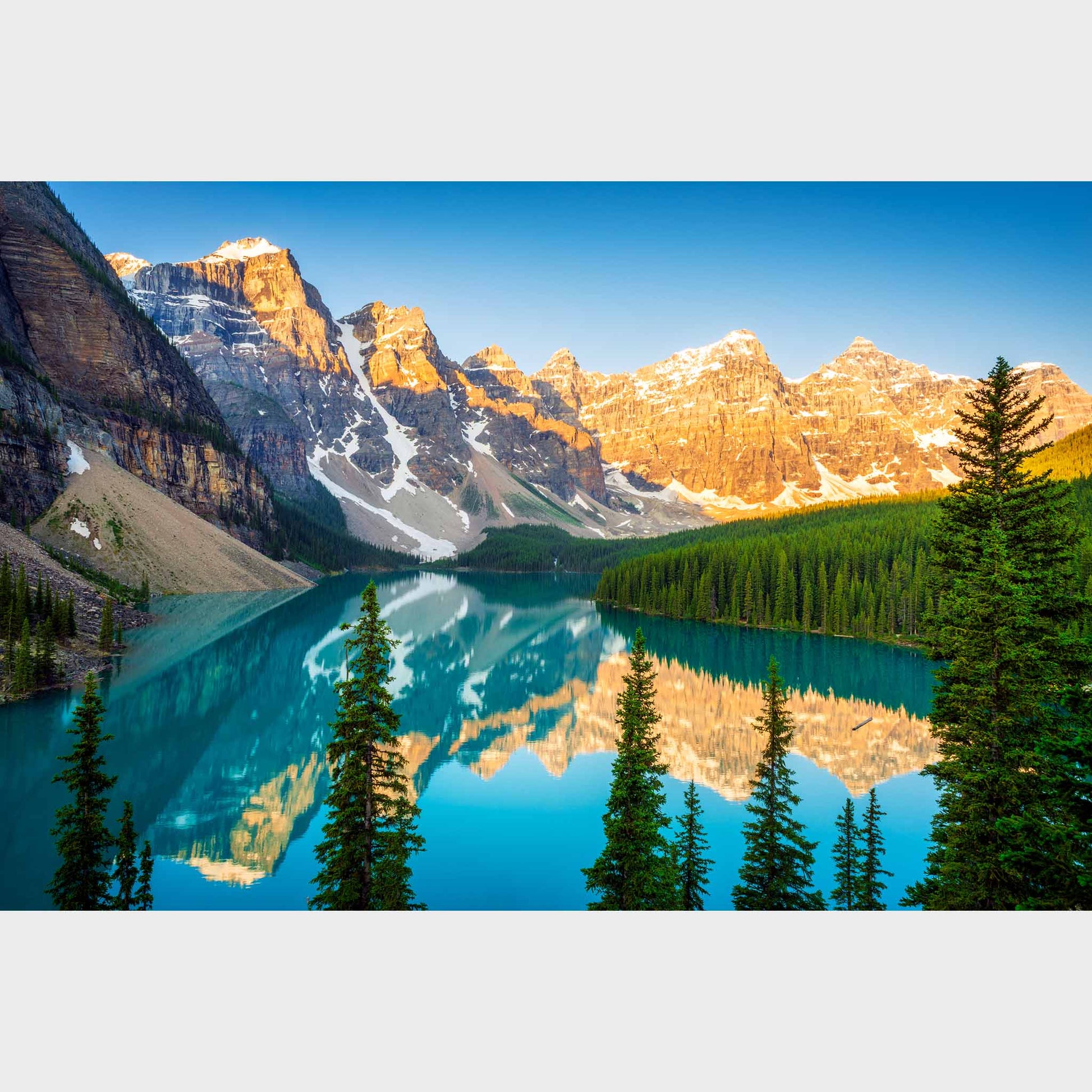 Lake with mountains and trees reflecting in the water. Moraine Lake, Banff National Park, Alberta, Beautiful fine art landscape photography wall art limited edition prints for sale. Dermot O'Kane.