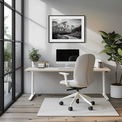 Modern office setup with a desk, chair, and framed mountain picture. Kananaskis Country, Fine Art Photography, Dermot O'Kane, Rocky Mountains, Alberta, Canada