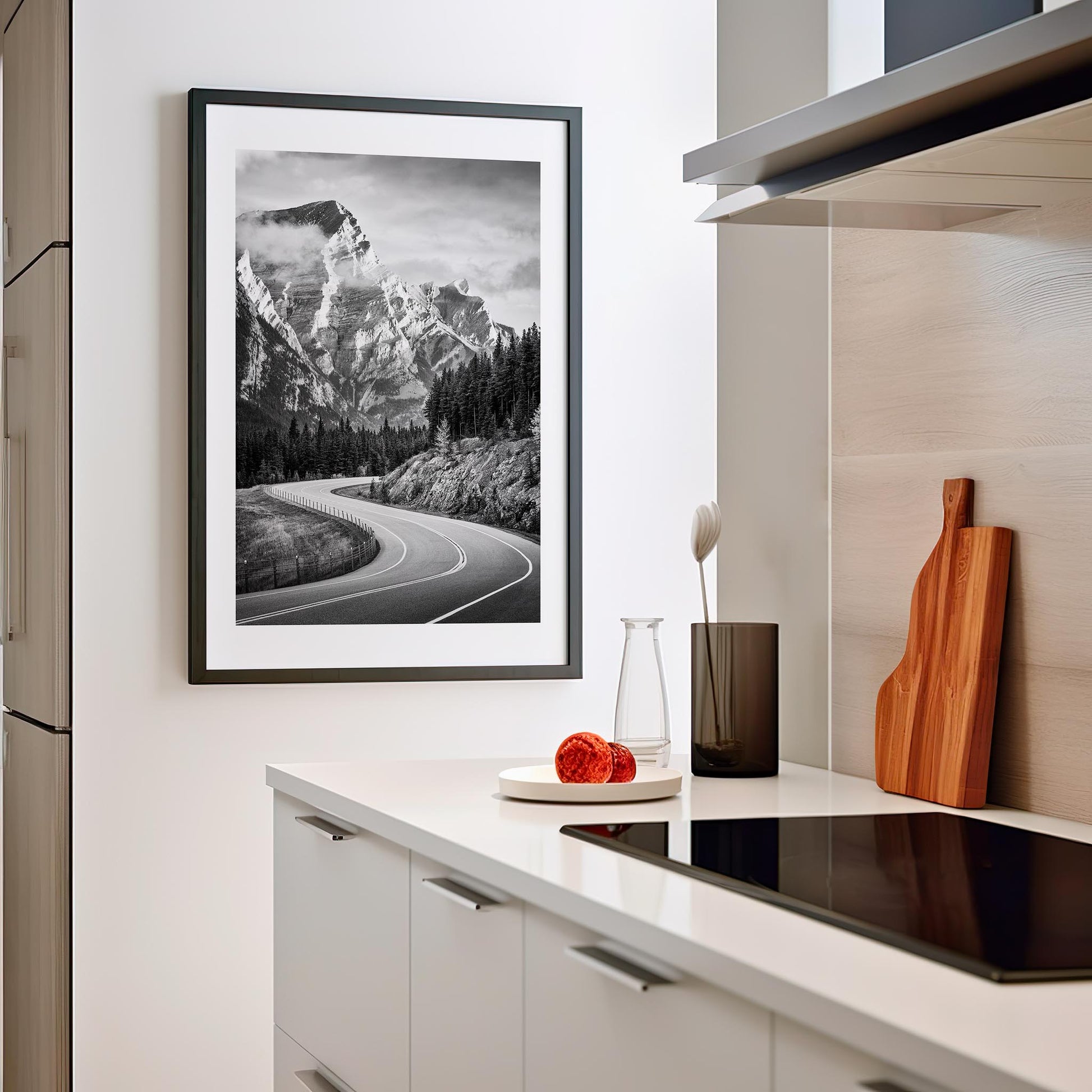 Modern kitchen with a framed black and white mountain landscape print on the wall. Kananaskis Country, Fine Art Photography, Dermot O'Kane, Rocky Mountains, Alberta, Canada