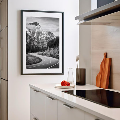 Modern kitchen with a framed black and white mountain landscape print on the wall. Kananaskis Country, Fine Art Photography, Dermot O'Kane, Rocky Mountains, Alberta, Canada
