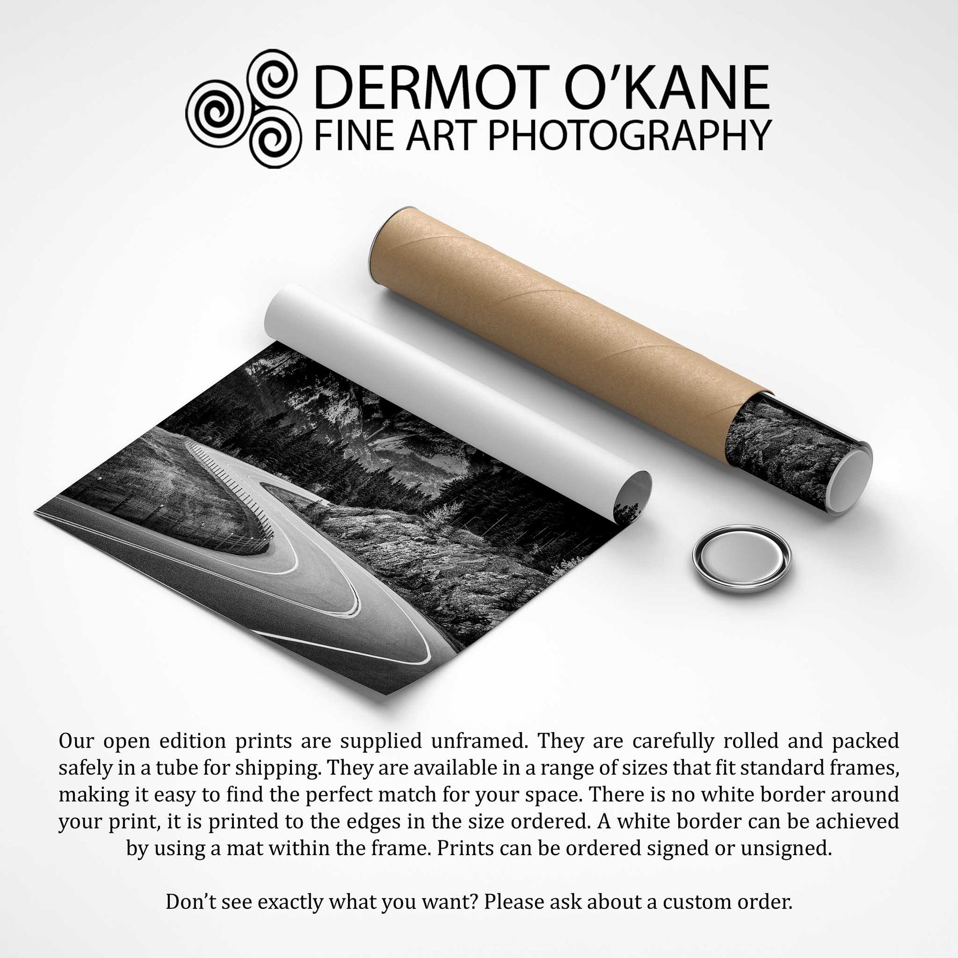 Rolled-up photo print with packaging and text about Dermot O'Kane Fine Art Photography. Kananaskis Country, Fine Art Photography, Dermot O'Kane, Rocky Mountains, Alberta, Canada