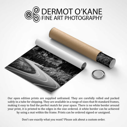 Rolled-up photo print with packaging and text about Dermot O'Kane Fine Art Photography. Kananaskis Country, Fine Art Photography, Dermot O'Kane, Rocky Mountains, Alberta, Canada