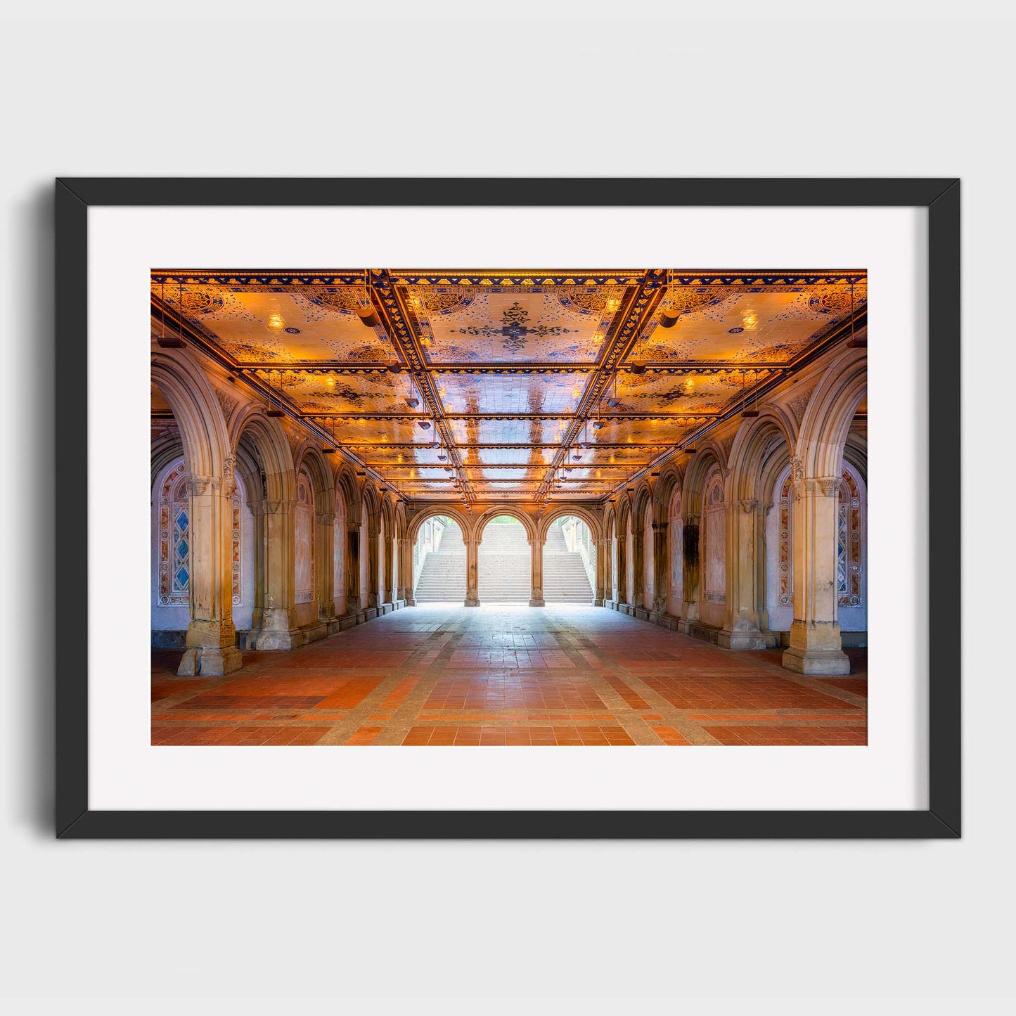 Framed photograph of an elegant hallway with arches and ornate ceiling. City Sanctuary, Bethesda Terrace, Central Park, Manhattan, New York City, Fine Art Photography, Dermot O'Kane