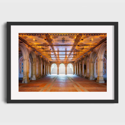 Framed photograph of an elegant hallway with arches and ornate ceiling. City Sanctuary, Bethesda Terrace, Central Park, Manhattan, New York City, Fine Art Photography, Dermot O'Kane