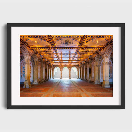 Framed photograph of an elegant hallway with arches and ornate ceiling. City Sanctuary, Bethesda Terrace, Central Park, Manhattan, New York City, Fine Art Photography, Dermot O'Kane