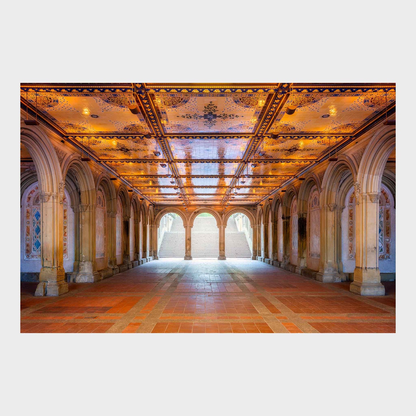 Long hallway with ornate ceiling and arches in a grand building. City Sanctuary, Bethesda Terrace, Central Park, Manhattan, New York City, Fine Art Photography, Dermot O'Kane