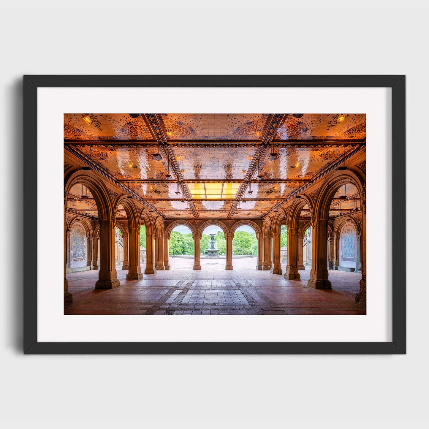 Framed photograph of a sunlit archway with intricate ceiling design. Secret Retreat, Bethesda Terrace, Central Park, Manhattan, New York City, Fine Art Photography, Dermot O'Kane