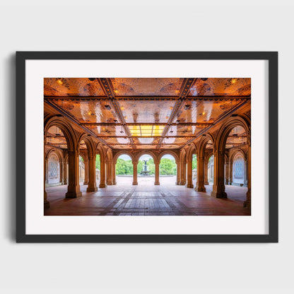 Framed photograph of a sunlit archway with intricate ceiling design. Secret Retreat, Bethesda Terrace, Central Park, Manhattan, New York City, Fine Art Photography, Dermot O'Kane