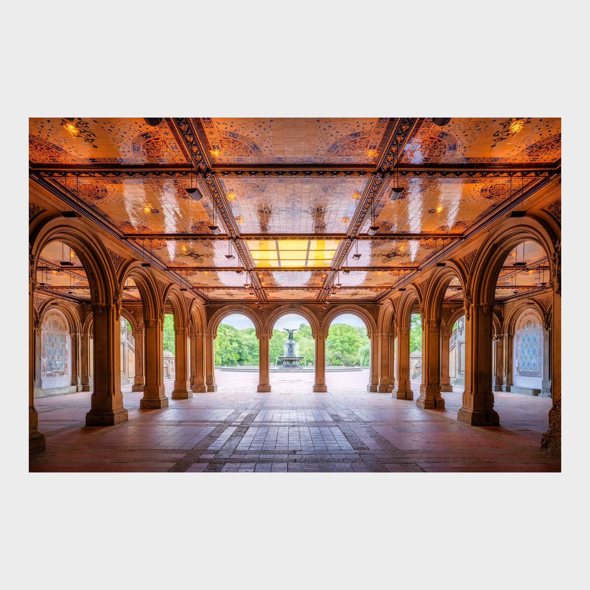 Ornate interior with arches and a glass ceiling in a park setting. Secret Retreat, Bethesda Terrace, Central Park, Manhattan, New York City, Fine Art Photography, Dermot O'Kane
