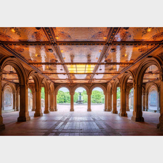 Architectural interior with stone arches and ornate ceiling, leading to a park view. Secret Retreat, Bethesda Terrace, Central Park, Manhattan, New York City, Fine Art Photography, Dermot O'Kane