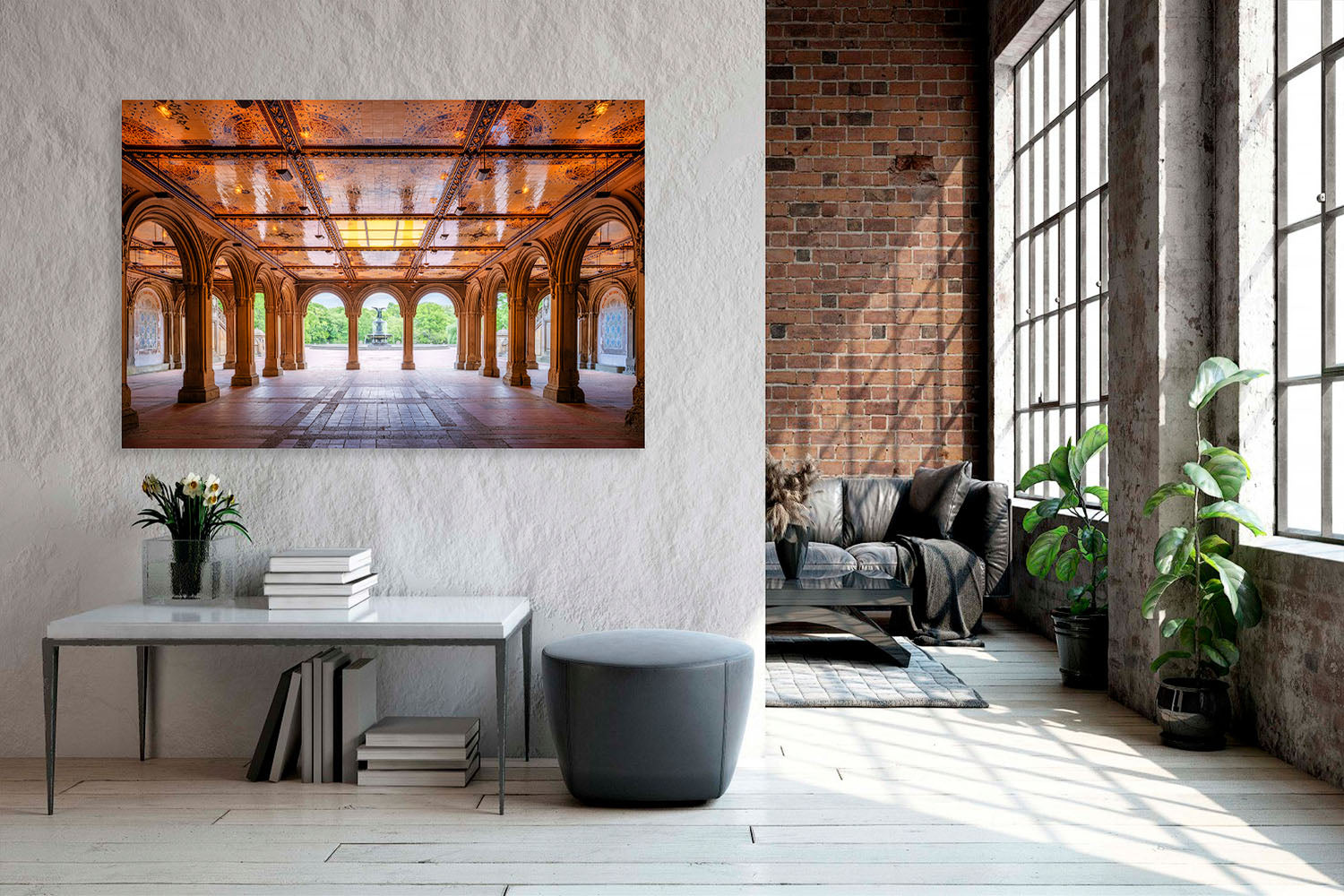Modern interior with a large wall art piece depicting an architectural scene. Secret Retreat, Bethesda Terrace, Central Park, Manhattan, New York City, Fine Art Photography, Dermot O'Kane