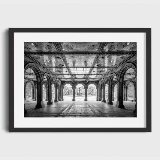 Framed black and white photograph of an archway interior with a white background. Secret Retreat, Bethesda Terrace, Central Park, Manhattan, New York City, Fine Art Photography, Dermot O'Kane