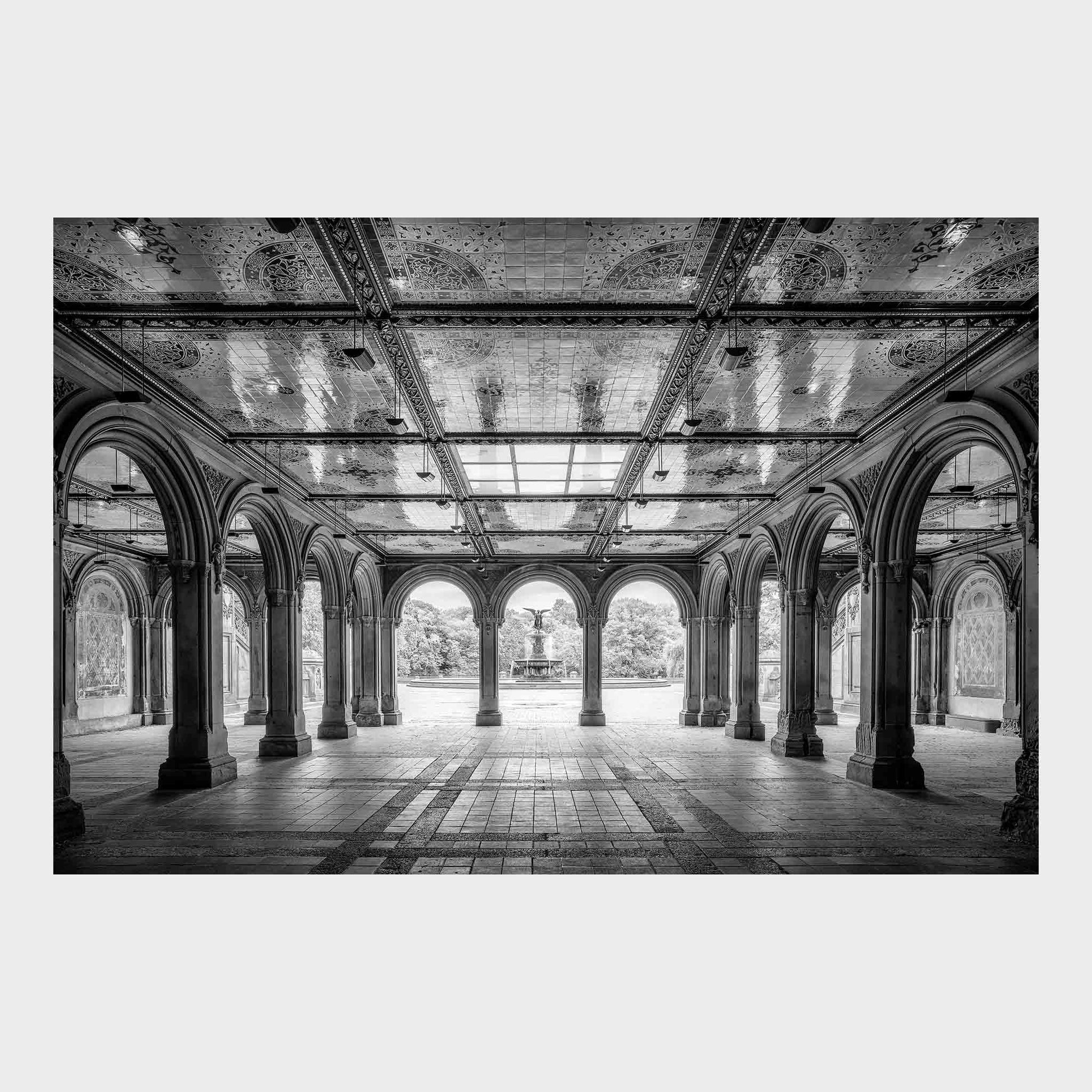 Black and white photo of a large indoor archway with a ceiling skylight. Secret Retreat, Bethesda Terrace, Central Park, Manhattan, New York City, Fine Art Photography, Dermot O'Kane
