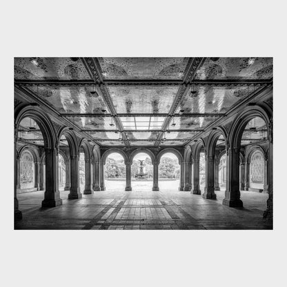 Black and white photo of a large indoor archway with a ceiling skylight. Secret Retreat, Bethesda Terrace, Central Park, Manhattan, New York City, Fine Art Photography, Dermot O'Kane