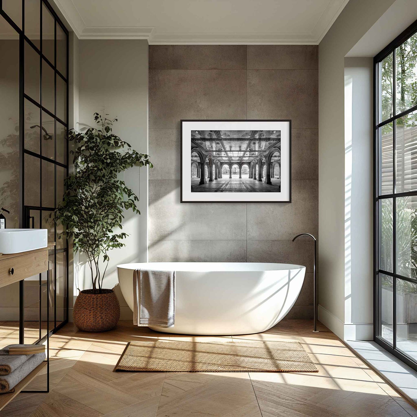 Modern bathroom with a freestanding bathtub, plant, and framed artwork on the wall. Secret Retreat, Bethesda Terrace, Central Park, Manhattan, New York City, Fine Art Photography, Dermot O'Kane