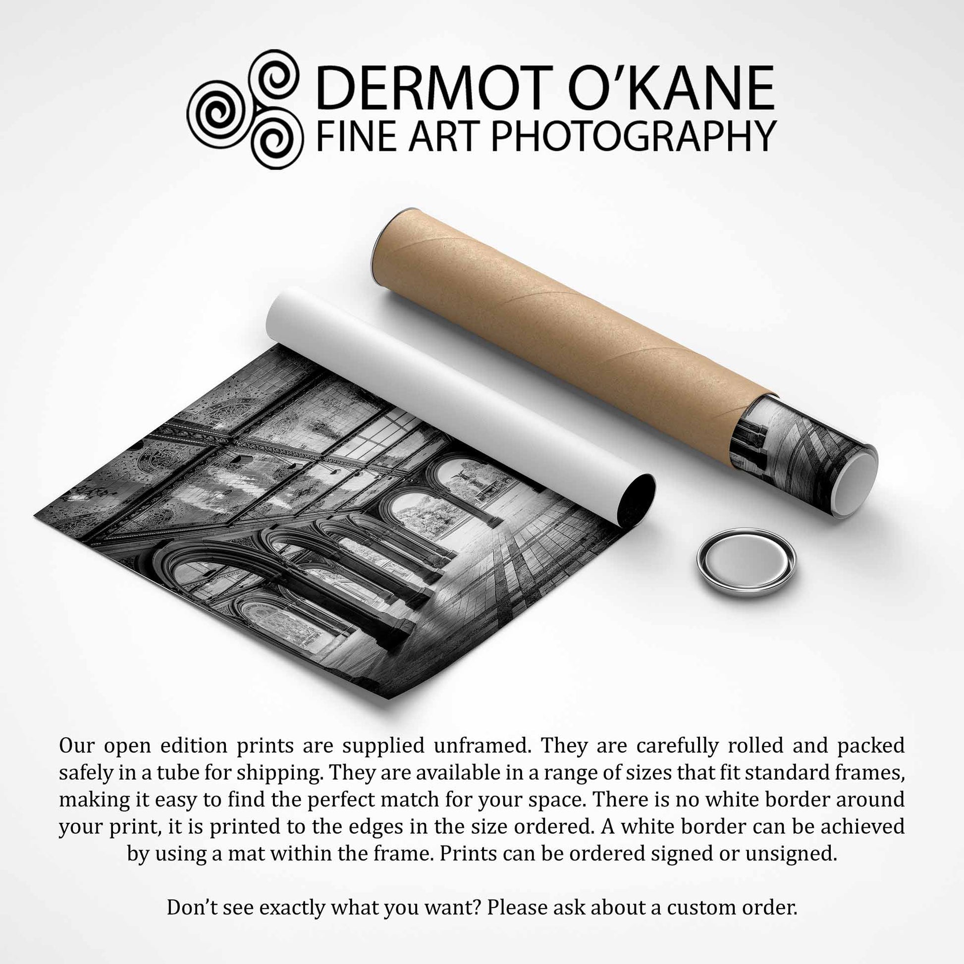 Rolled-up fine art print with packaging and Dermot O'Kane Fine Art Photography branding. Secret Retreat, Bethesda Terrace, Central Park, Manhattan, New York City, Fine Art Photography, Dermot O'Kane