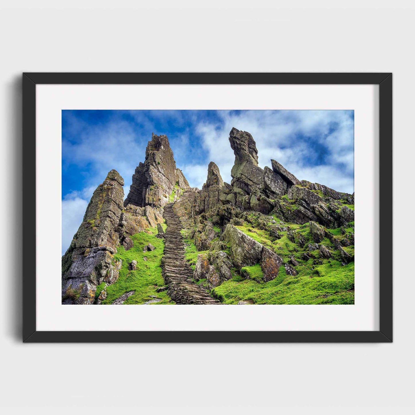 Framed photograph of rocky cliffs and stairway on a mountain with a blue sky. Skellig Steps, Co. Kerry, Ireland, Luke Skywalker, Star Wars Island