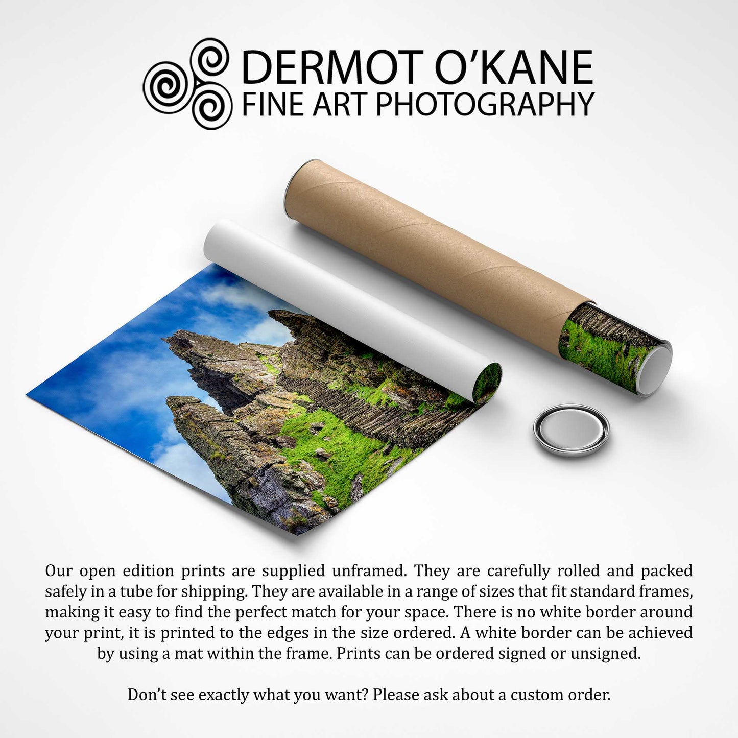 Rolled-up fine art photograph of a landscape with Dermot O'Kane Fine Art Photography branding. Skellig Steps, Co. Kerry, Ireland, Luke Skywalker, Star Wars Island