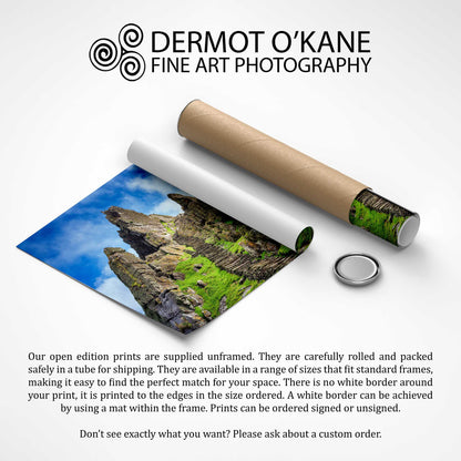 Rolled-up fine art photograph of a landscape with Dermot O'Kane Fine Art Photography branding. Skellig Steps, Co. Kerry, Ireland, Luke Skywalker, Star Wars Island