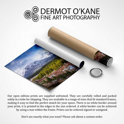 Rolled-up photo of a mountain landscape with a cardboard tube and text about Dermot O'Kane Fine Art Photography. Spray Valley, Kananaskis Country, Alberta, Canada, Rocky Mountains